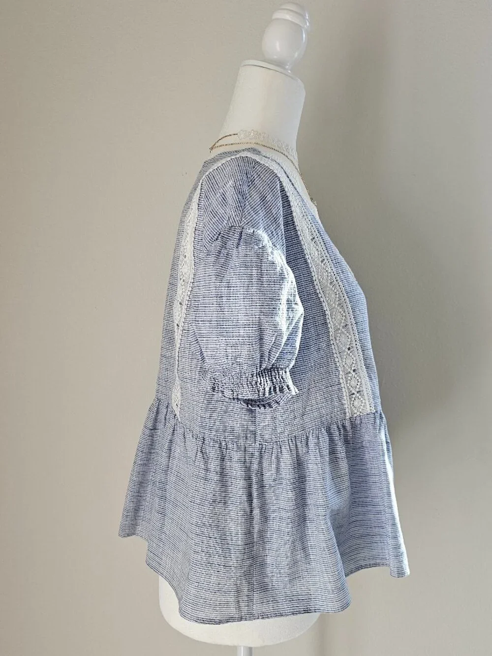 Zara Boho Lace Trim V-Neck Puff Sleeve Blouse Blue - Size L